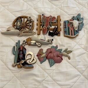 Vintage 1990’s Burwood Western Cowboy Wall Plaques & Hummingbird/Flower Set Of 6
